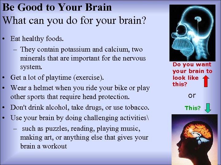 Be Good to Your Brain What can you do for your brain? • Eat