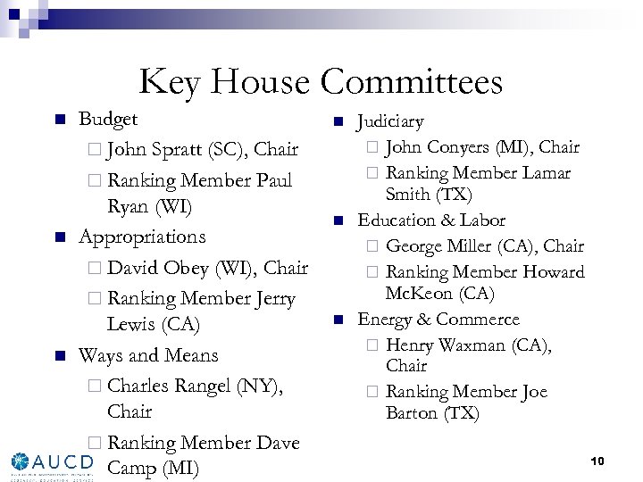 Key House Committees n n n Budget ¨ John Spratt (SC), Chair ¨ Ranking