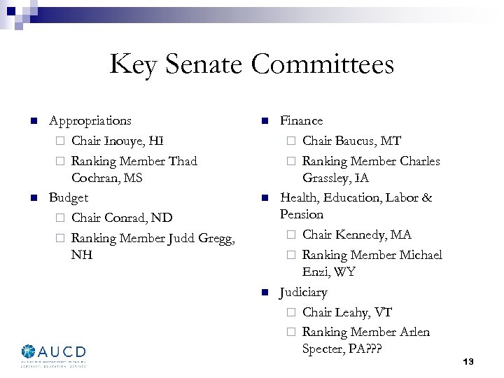 Key Senate Committees n n Appropriations ¨ Chair Inouye, HI ¨ Ranking Member Thad