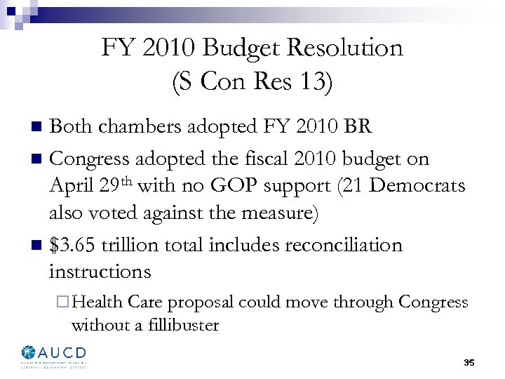FY 2010 Budget Resolution (S Con Res 13) Both chambers adopted FY 2010 BR