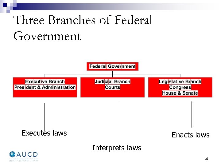 Three Branches of Federal Government Executes laws Enacts laws Interprets laws 4 