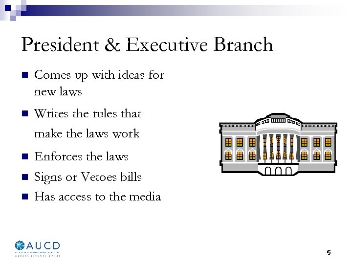 President & Executive Branch n Comes up with ideas for new laws n Writes