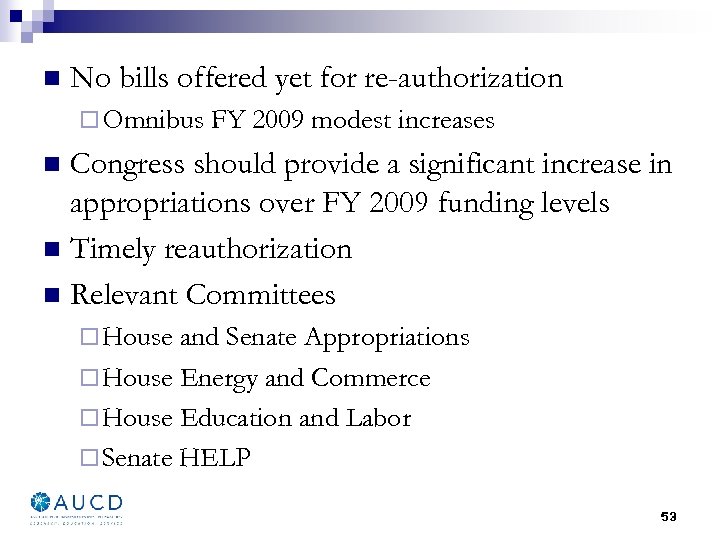 n No bills offered yet for re-authorization ¨ Omnibus FY 2009 modest increases Congress