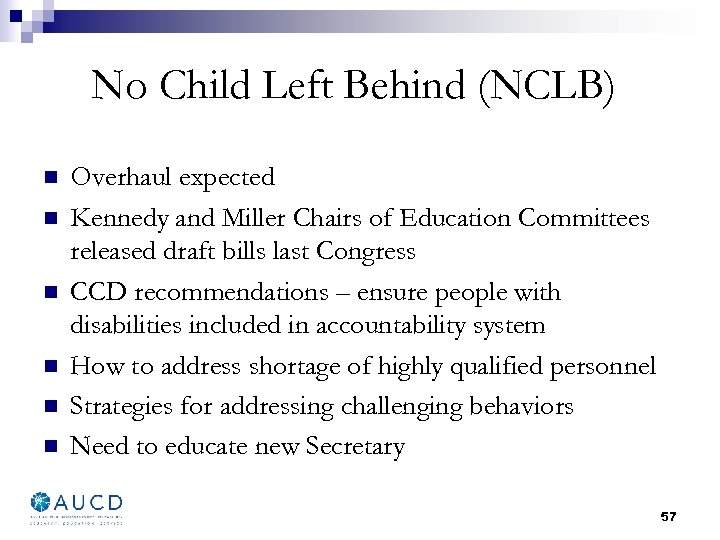 No Child Left Behind (NCLB) n n n Overhaul expected Kennedy and Miller Chairs