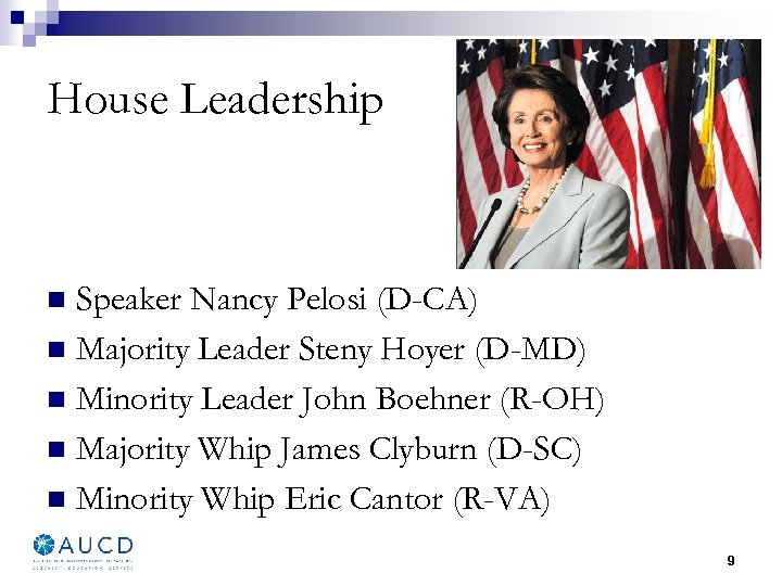 House Leadership Speaker Nancy Pelosi (D-CA) n Majority Leader Steny Hoyer (D-MD) n Minority