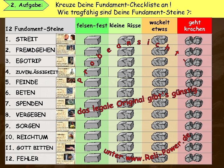 2. Aufgabe: Kreuze Deine Fundament-Checkliste an ! Wie tragfähig sind Deine Fundament-Steine ? :