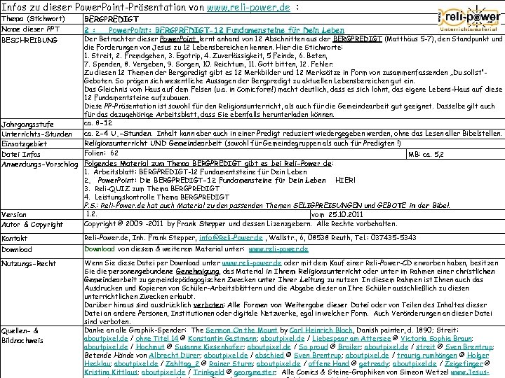Infos zu dieser Power. Point-Präsentation von www. reli-power. de : Thema (Stichwort) Name dieser