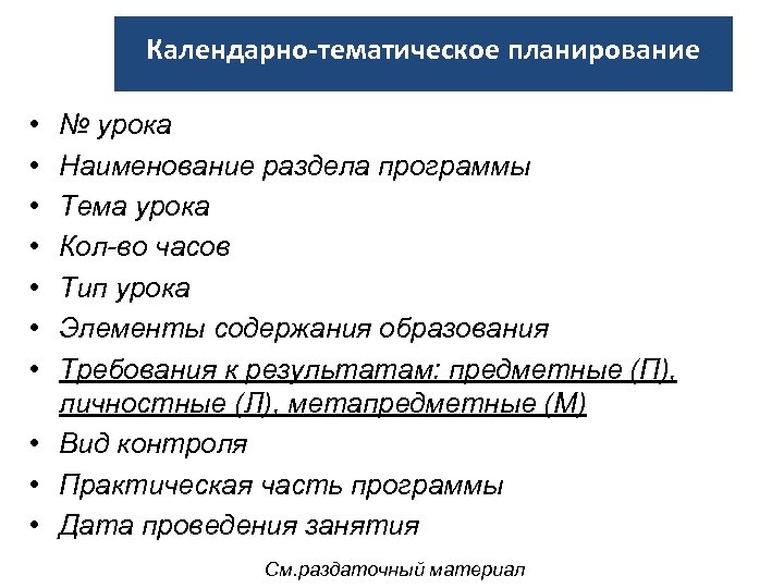 Календарно-тематическое планирование • • № урока Наименование раздела программы Тема урока Кол-во часов Тип