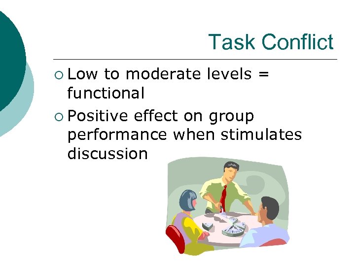 Task Conflict ¡ Low to moderate levels = functional ¡ Positive effect on group