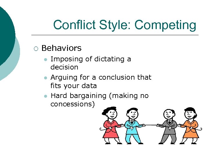 Conflict Style: Competing ¡ Behaviors l l l Imposing of dictating a decision Arguing