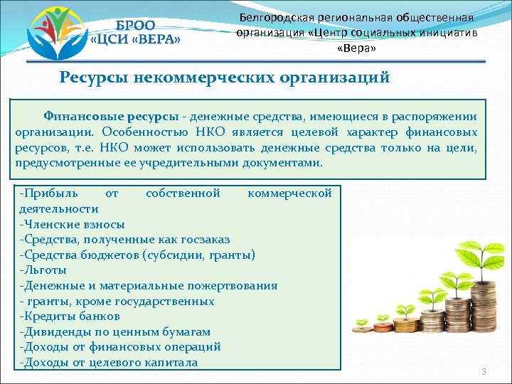 Белгородская региональная общественная организация «Центр социальных инициатив «Вера» Ресурсы некоммерческих организаций Финансовые ресурсы -