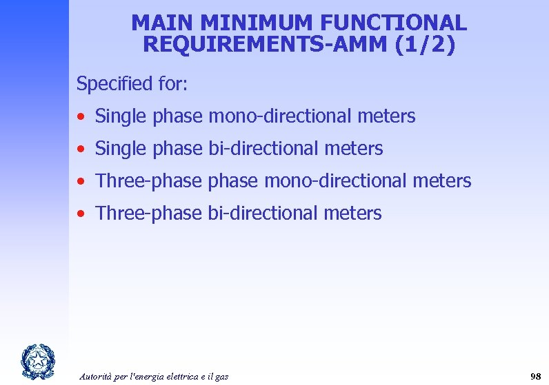 MAIN MINIMUM FUNCTIONAL REQUIREMENTS-AMM (1/2) Specified for: • Single phase mono-directional meters • Single
