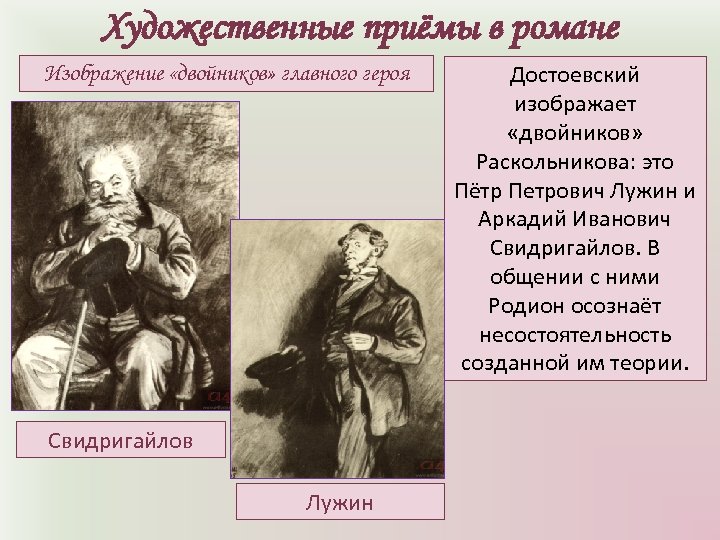 Художественные приёмы в романе Изображение «двойников» главного героя Свидригайлов Лужин Достоевский изображает «двойников» Раскольникова: