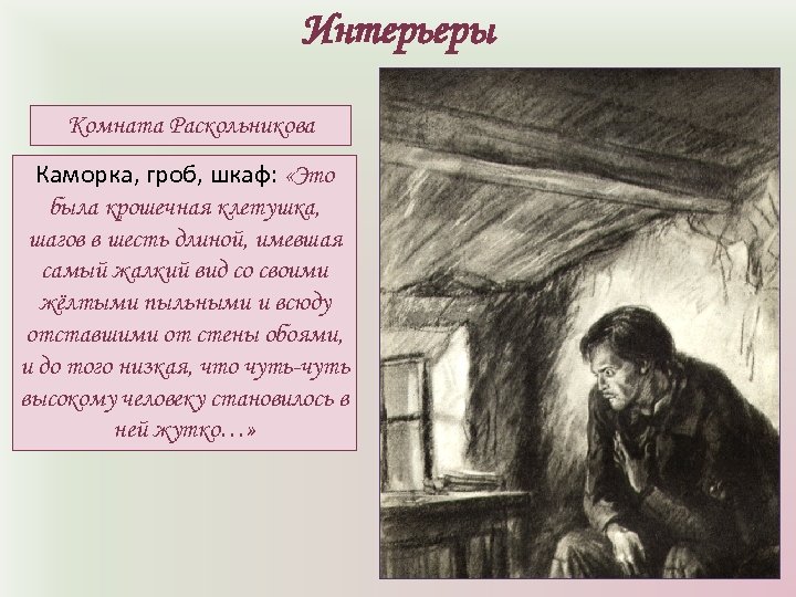 Интерьеры Комната Раскольникова Каморка, гроб, шкаф: «Это была крошечная клетушка, шагов в шесть длиной,