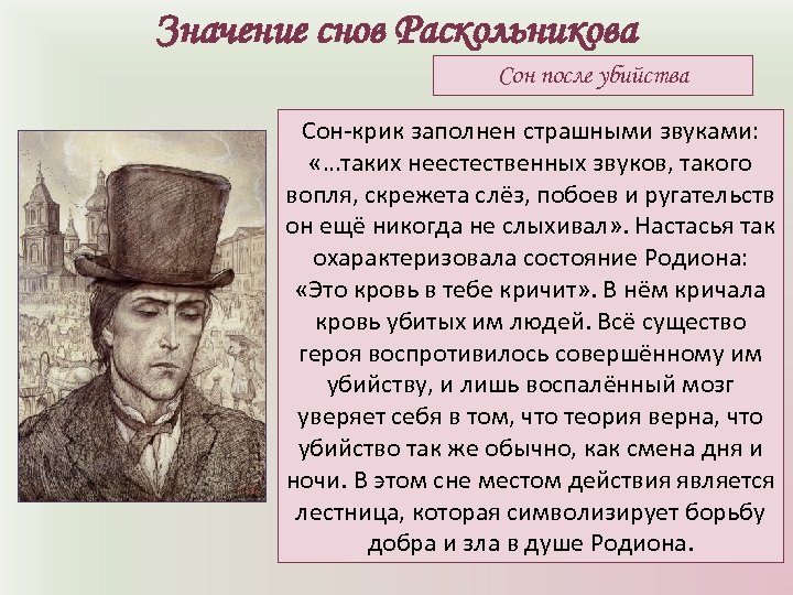 Значение снов Раскольникова Сон после убийства Сон-крик заполнен страшными звуками: «…таких неестественных звуков, такого