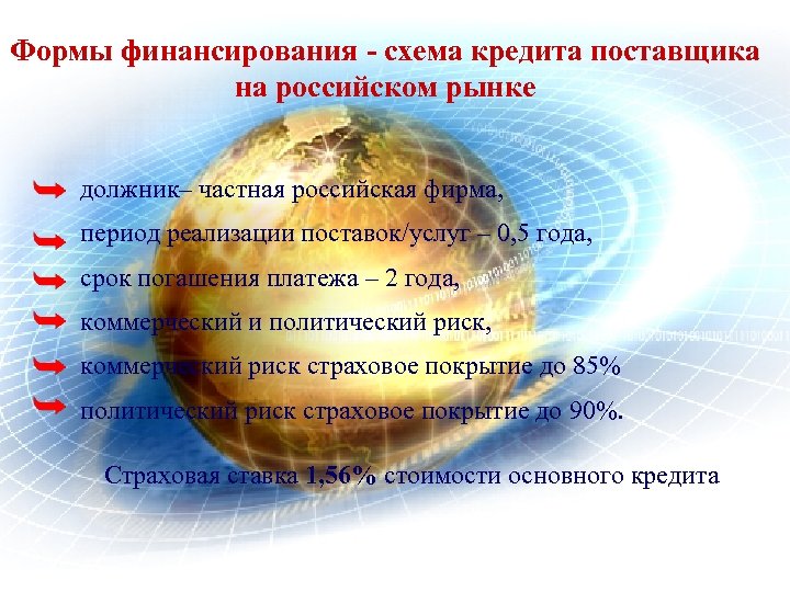 Формы финансирования - схема кредита поставщика на российском рынке должник– частная российская фирма, период