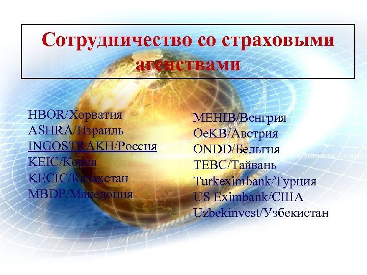 Сотрудничество со страховыми агенствами HBOR/Хорватия ASHRA/Израиль INGOSTRAKH/Россия KEIC/Корея KECIC/Казахстан MBDP/Македония MEHIB/Венгрия Oe. KB/Австрия ONDD/Бельгия