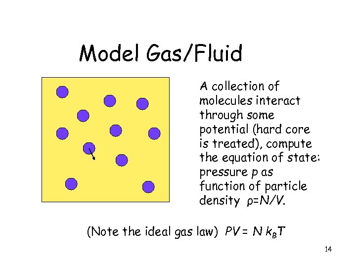 Model Gas/Fluid A collection of molecules interact through some potential (hard core is treated),