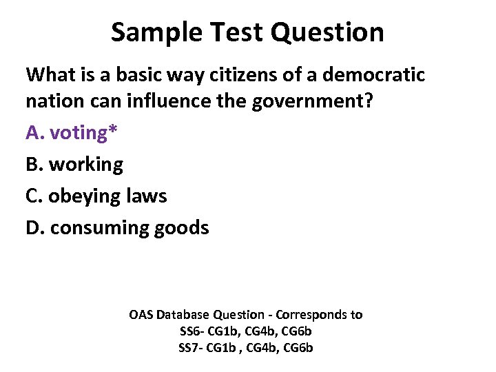 Sample Test Question What is a basic way citizens of a democratic nation can