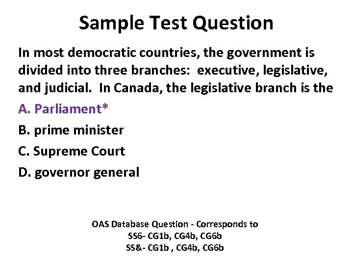 Sample Test Question In most democratic countries, the government is divided into three branches: