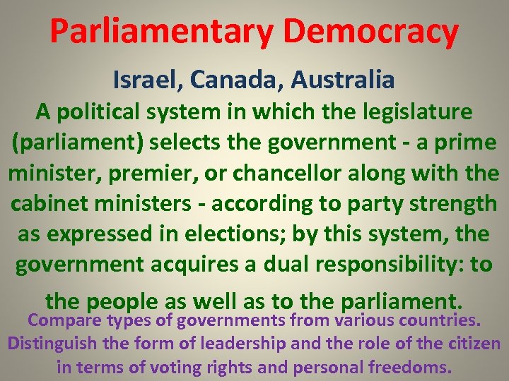 Parliamentary Democracy Israel, Canada, Australia A political system in which the legislature (parliament) selects