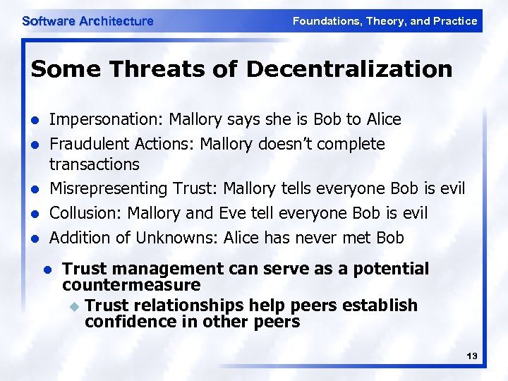 Software Architecture Foundations, Theory, and Practice Some Threats of Decentralization l l l Impersonation: