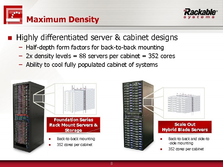 Maximum Density n Highly differentiated server & cabinet designs – Half-depth form factors for