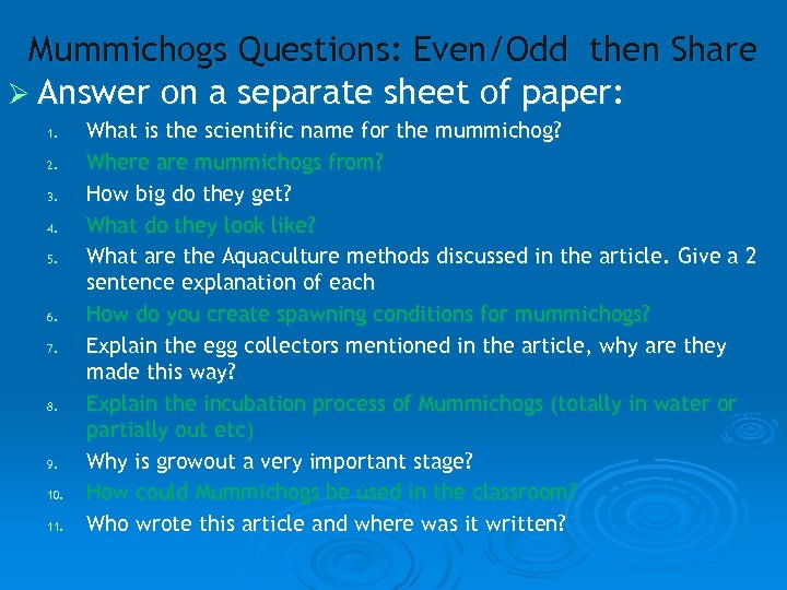 Mummichogs Questions: Even/Odd then Share Ø Answer on a separate sheet of paper: 1.