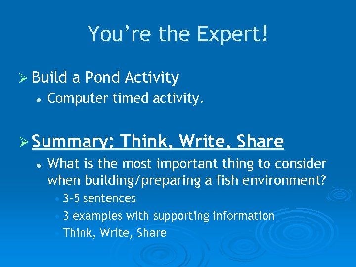 You’re the Expert! Ø Build l a Pond Activity Computer timed activity. Ø Summary: