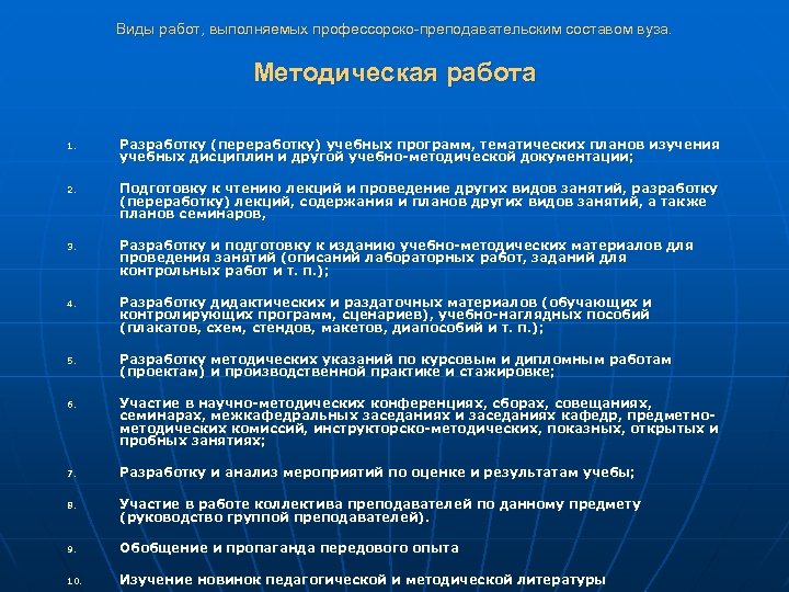 Виды работ, выполняемых профессорско-преподавательским составом вуза. Методическая работа 1. 2. 3. 4. 5. 6.