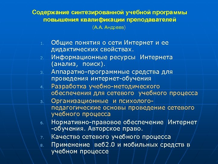 Содержание синтезированной учебной программы повышения квалификации преподавателей (А. А. Андреев) 1. 2. 3. 4.