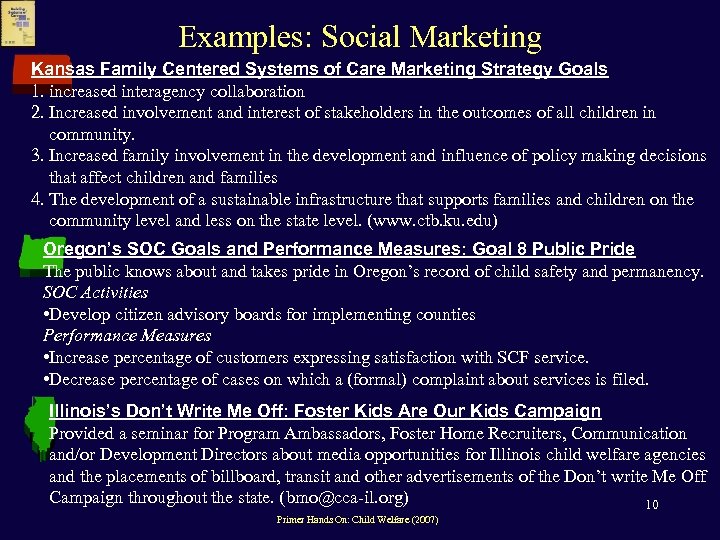 Examples: Social Marketing Kansas Family Centered Systems of Care Marketing Strategy Goals 1. increased