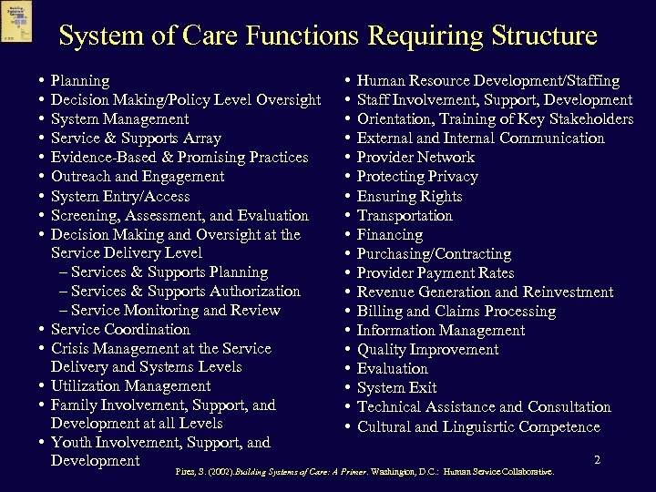 System of Care Functions Requiring Structure • • • • Planning Decision Making/Policy Level
