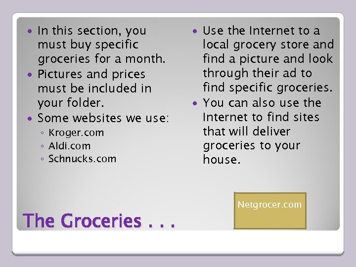 In this section, you must buy specific groceries for a month. Pictures and prices