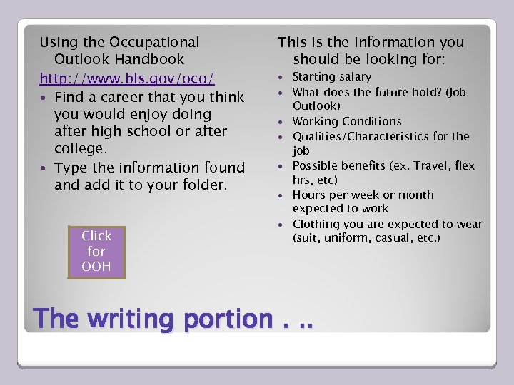 Using the Occupational Outlook Handbook http: //www. bls. gov/oco/ Find a career that you