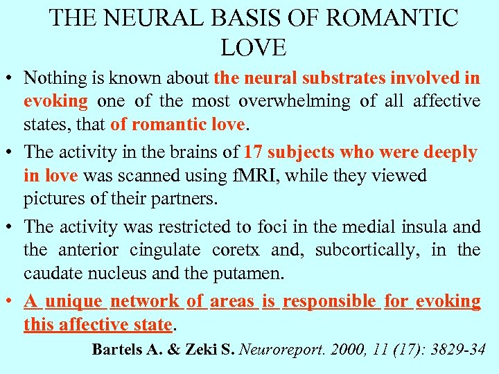 THE NEURAL BASIS OF ROMANTIC LOVE • Nothing is known about the neural substrates