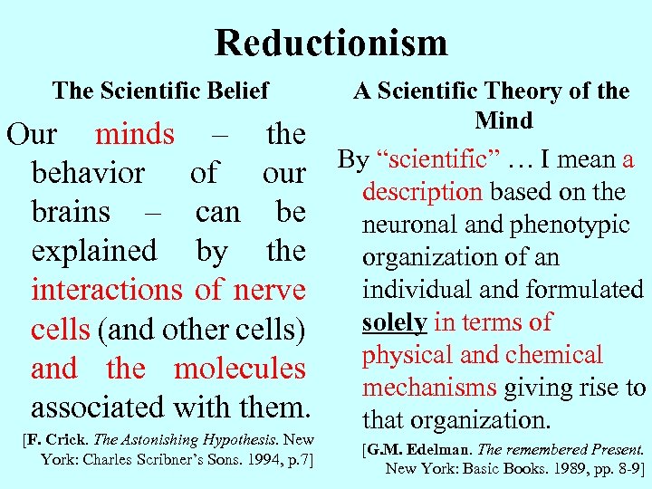 Reductionism The Scientific Belief A Scientific Theory of the Mind Our minds – the