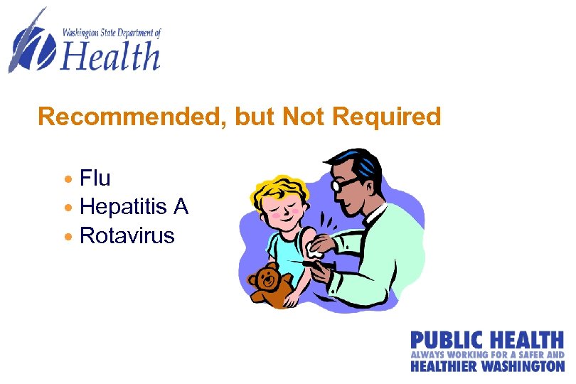 Recommended, but Not Required Flu Hepatitis A Rotavirus 
