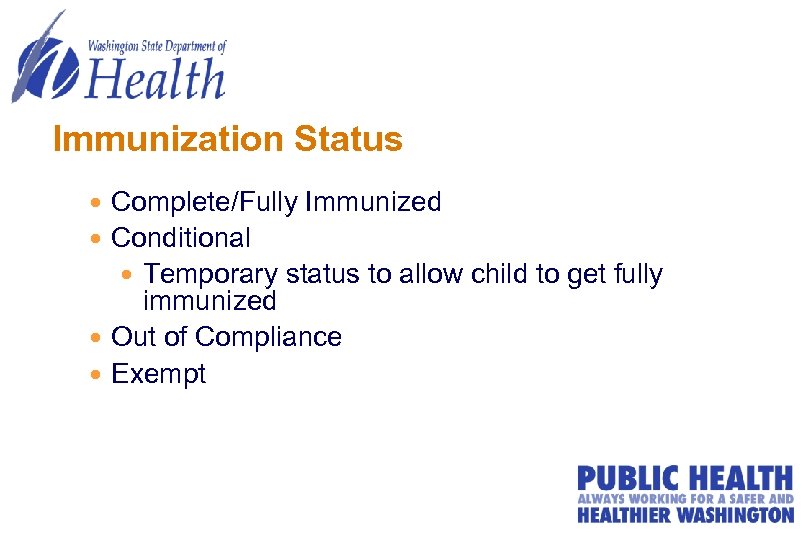 Immunization Status Complete/Fully Immunized Conditional Temporary status to allow child to get fully immunized