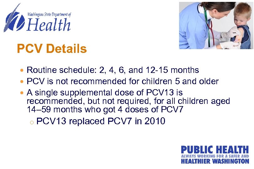 PCV Details Routine schedule: 2, 4, 6, and 12 -15 months PCV is not