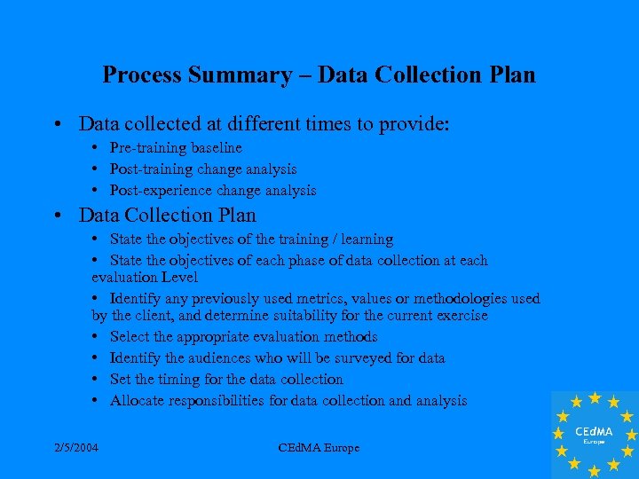 Process Summary – Data Collection Plan • Data collected at different times to provide: