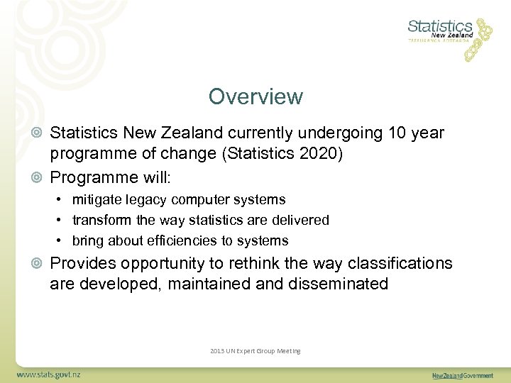 Overview Statistics New Zealand currently undergoing 10 year programme of change (Statistics 2020) Programme