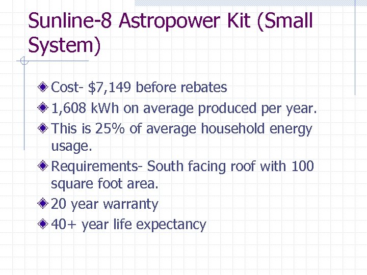 Sunline-8 Astropower Kit (Small System) Cost- $7, 149 before rebates 1, 608 k. Wh