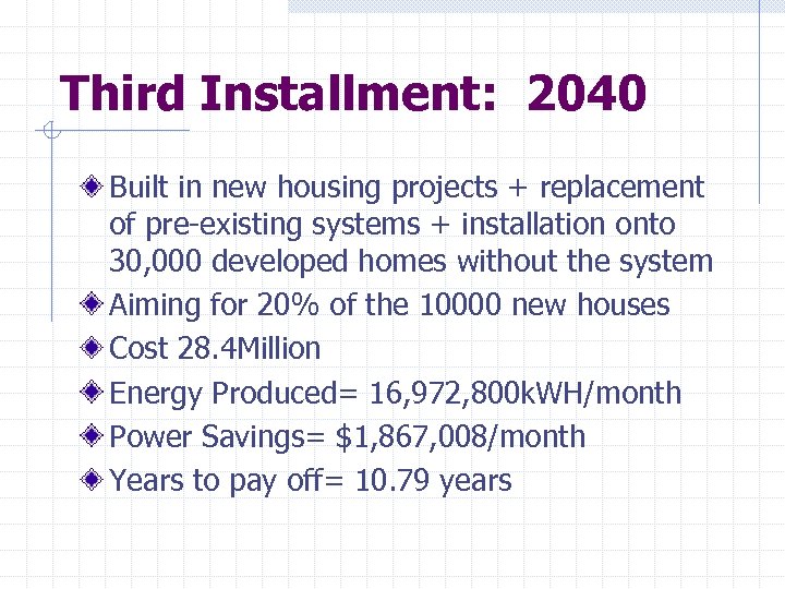 Third Installment: 2040 Built in new housing projects + replacement of pre-existing systems +