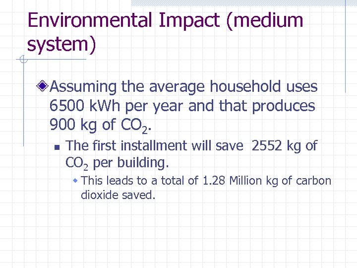 Environmental Impact (medium system) Assuming the average household uses 6500 k. Wh per year