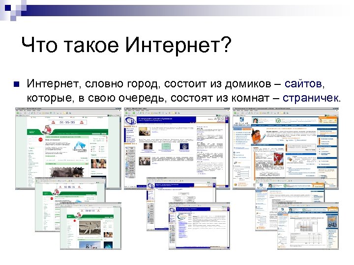 Что такое Интернет? n Интернет, словно город, состоит из домиков – сайтов, которые, в