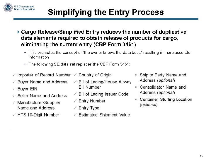 Simplifying the Entry Process 4 Cargo Release/Simplified Entry reduces the number of duplicative data