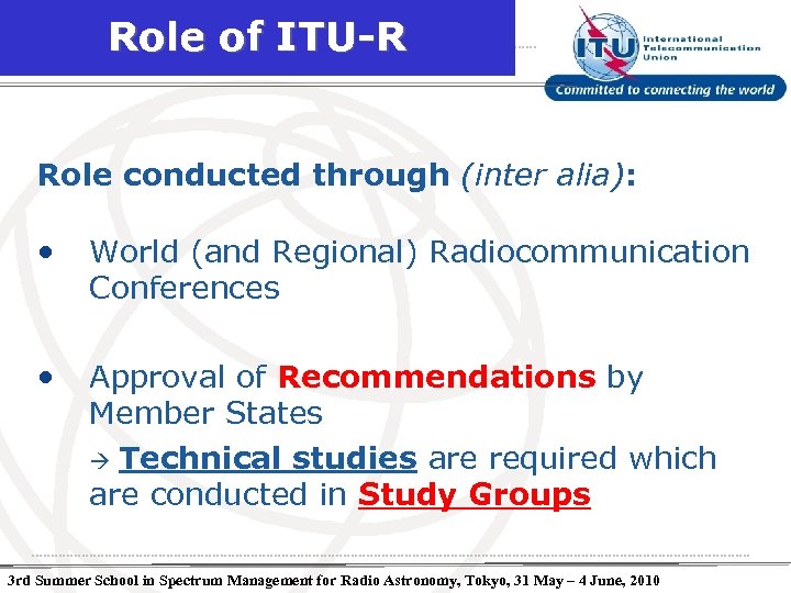 Role of ITU-R Role conducted through (inter alia): • World (and Regional) Radiocommunication Conferences