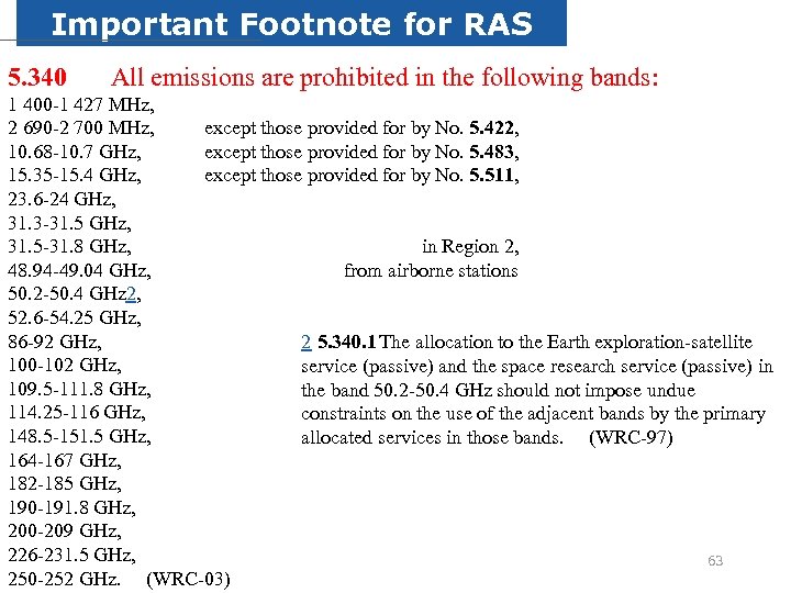 Important Footnote for RAS 5. 340 All emissions are prohibited in the following bands: