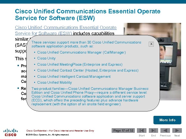 Cisco Unified Communications Essential Operate Service for Software (ESW) includes capabilities similar to the